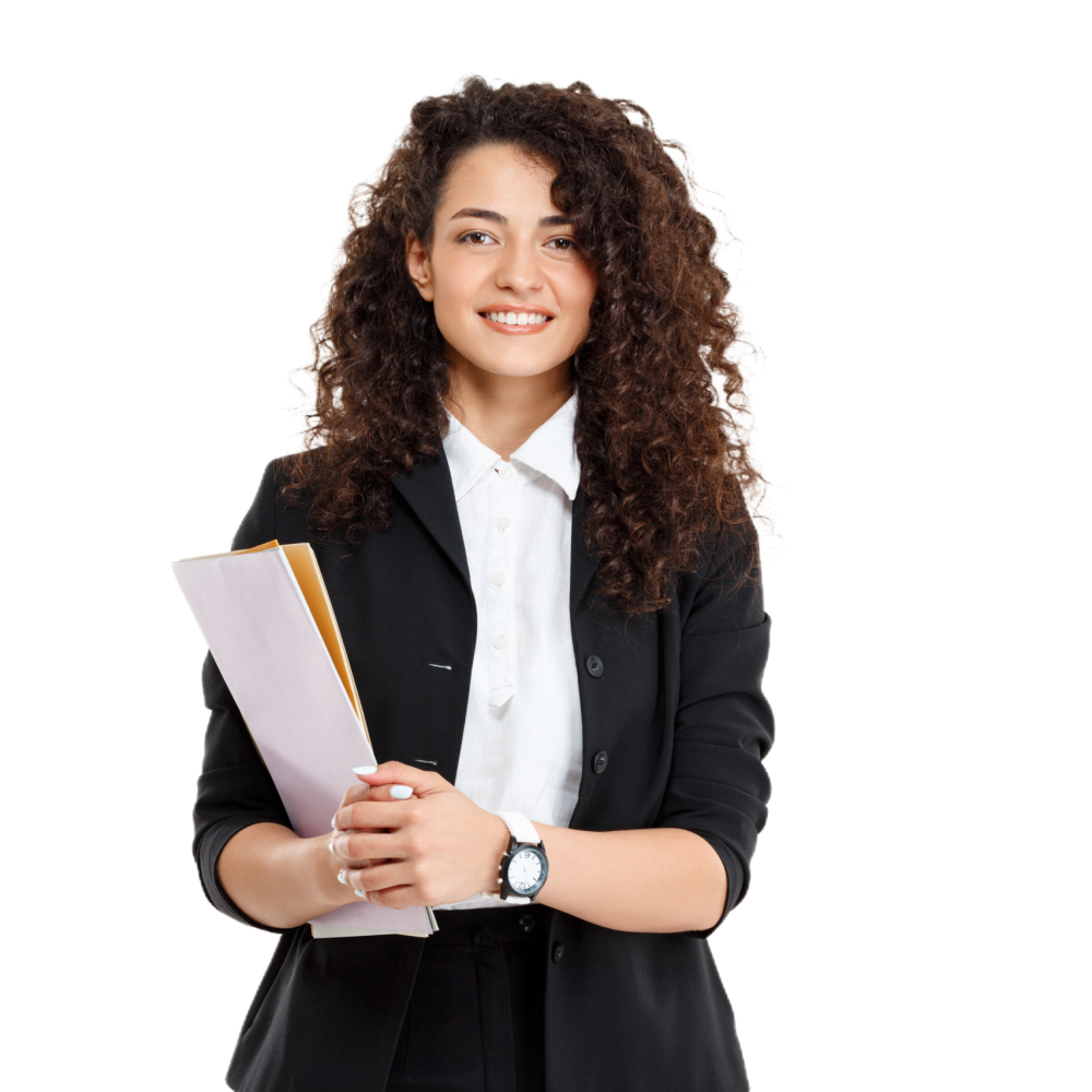 young tender curly girl holding documents picsart backgroundremover